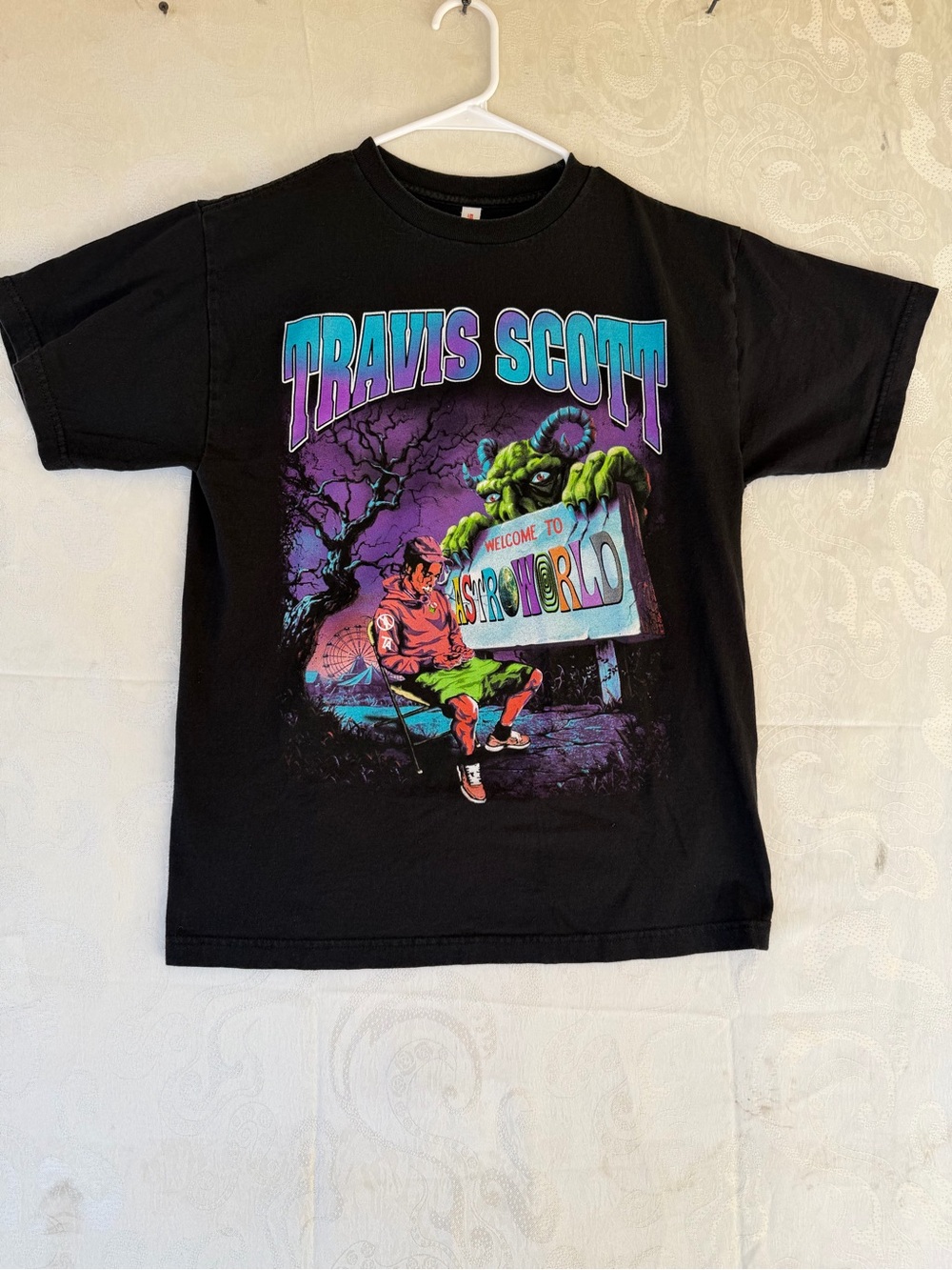 Travis Scott Black Tee with Purple, Teal & Neon Green Graphic